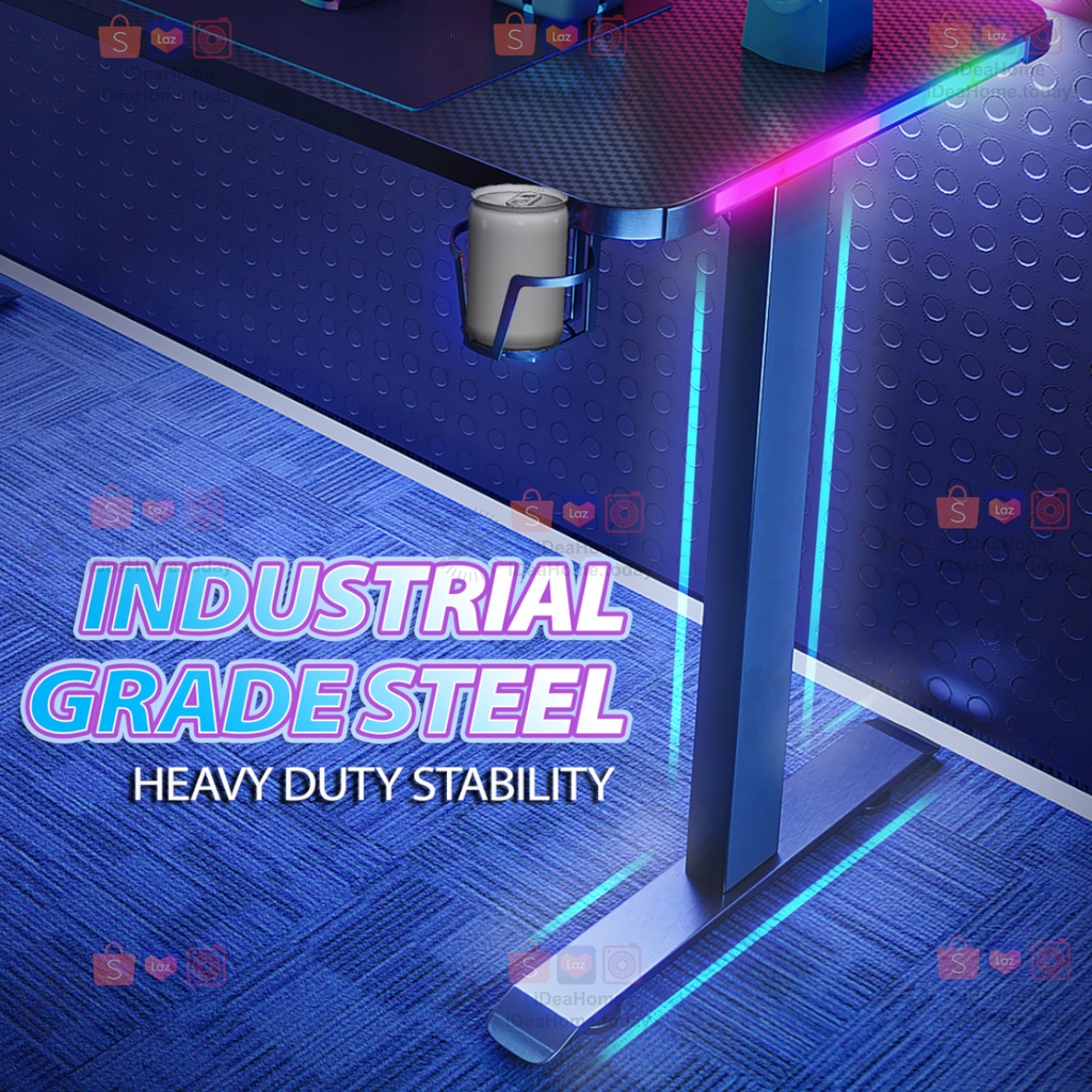 L-Shape RGB Gaming Desk with Led Lights, Table Computer Workstation with LED RGB Lights, Headphone Hook and Cup Holder for Home