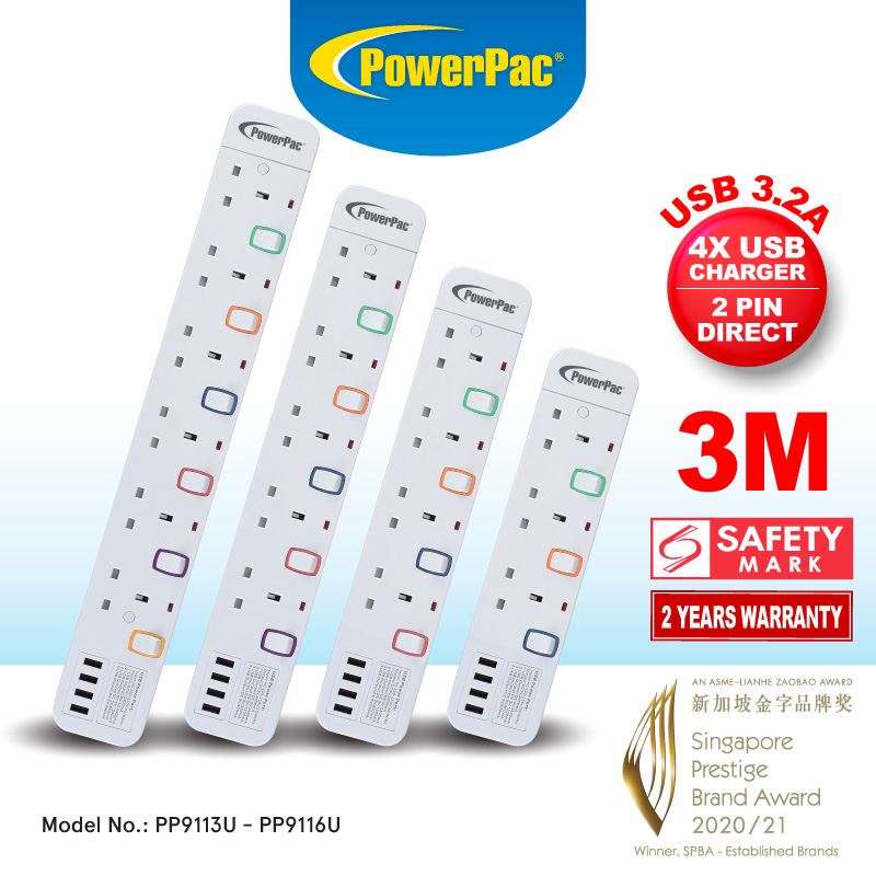 PowerPac Power Extension Socket Extension Cord 3/4/5/6 way 3 meter with 4x USB Charger PP9113U to PP9116U