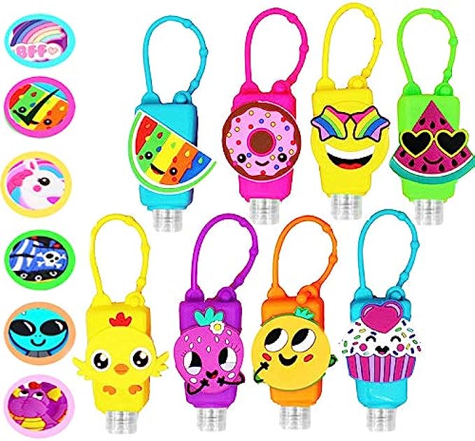 KINIA 8 Pack Empty Mixed Kids Hand Sanitizer Travel Size Holder Keychain Carrier, 8 -1 fl Oz. Flip Cap Reusable Empty Portable Bottles  8-Variety Pack MIXED