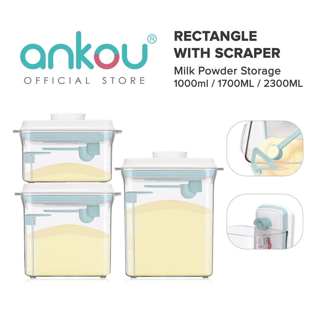 ANKOU AirTight Milk Powder Container with Scraper - Rectangle Clear1000ml/ 1700ml/ 2300ml