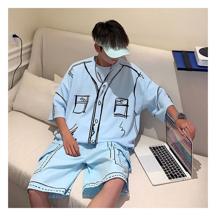 X-MEN150kg Graffiti sports suit mens plus size cargo ice silk short-sleeved two-piece set