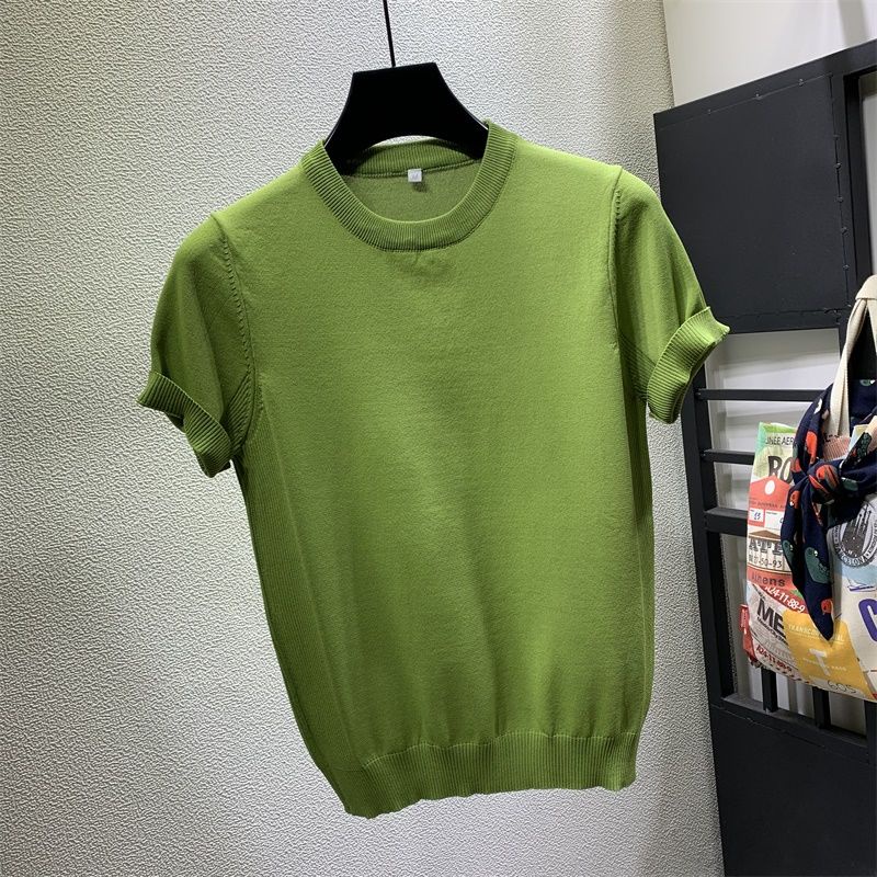 2023 summer round neck solid color ice silk short-sleeved T-shirt male Korean version slim fashion half-sleeved knitted