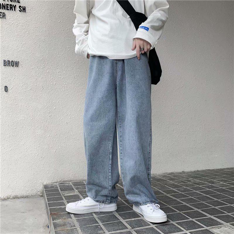 S-3XLMens Korean-Style Loose Denim Pants Popular Brand Straight-Leg Pants Light Color Casual All-match Large Fashion Trendy Wide Leg Straight-Leg Pants