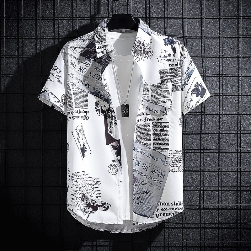 Summer Mens Short-Sleeved Newspaper Shirts, Thin Graffiti Trendy Clothes, Printed Loose INS Trendy Tops. Half-Sleeved Shirt.