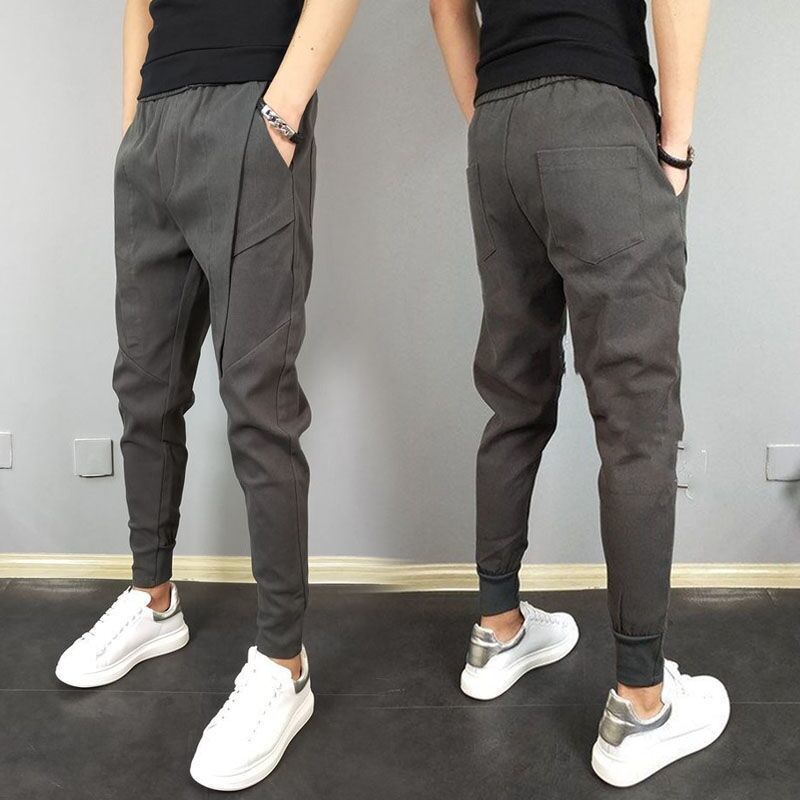Mens Korean Style Solid Color Jogging Pant Man Slim Fit Drawstring Casual Ankle Pants