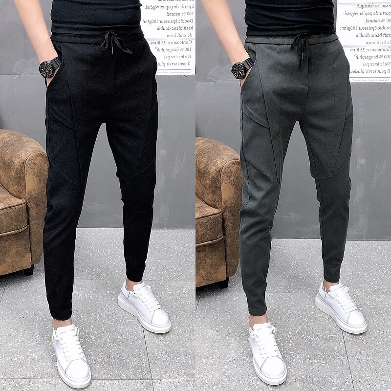 Mens Korean Style Solid Color Jogging Pant Man Slim Fit Drawstring Casual Ankle Pants