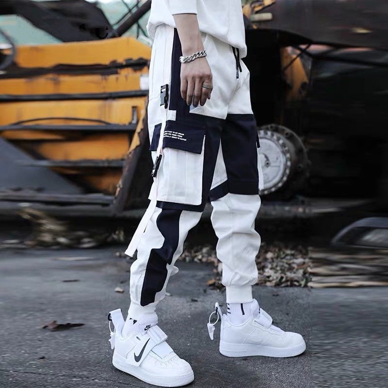 Mens Harem Streetwear Jogger Ribbons Trousers Hip Hop Cargo Pants