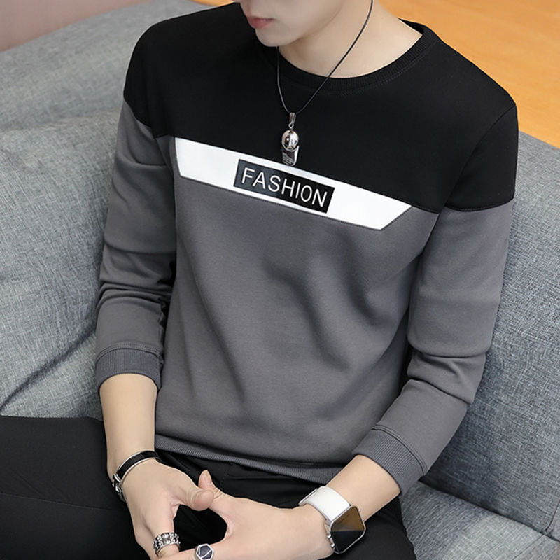 T-shirt mens color matching Sweatshirt slim t-shirt mens Long Sleeve Top Black Red