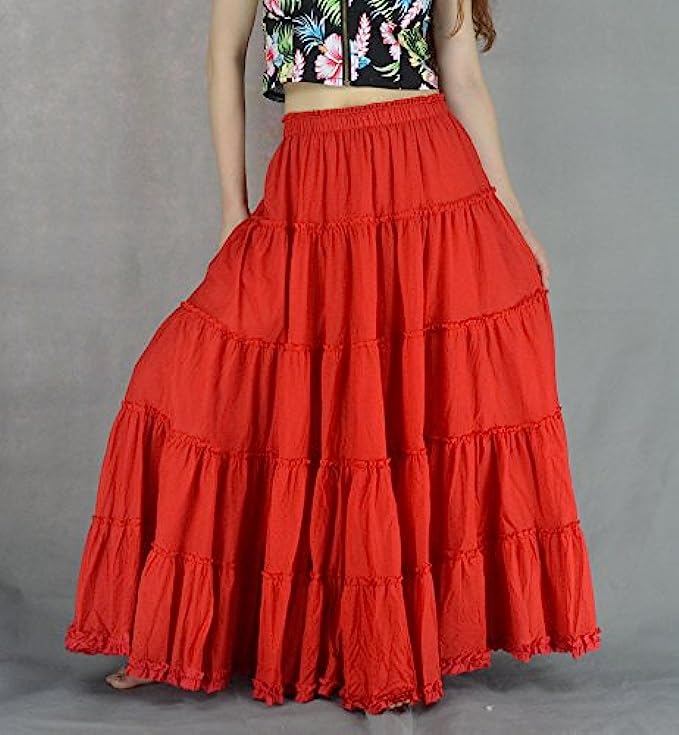 YSJERA Womens Cotton 5 Tiered A Line Pleated Maxi Skirt Long Boho Gypsy Dance Skirts