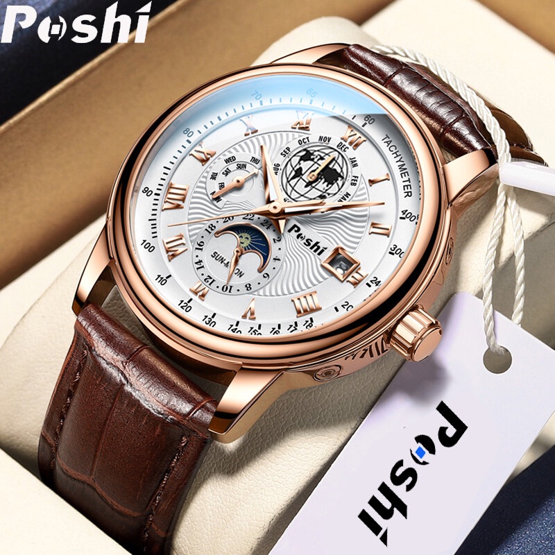 POSHI Mens Watch Leather Business Sport Waterproof Quartz Analog Watch jam tangan lelaki with box mans