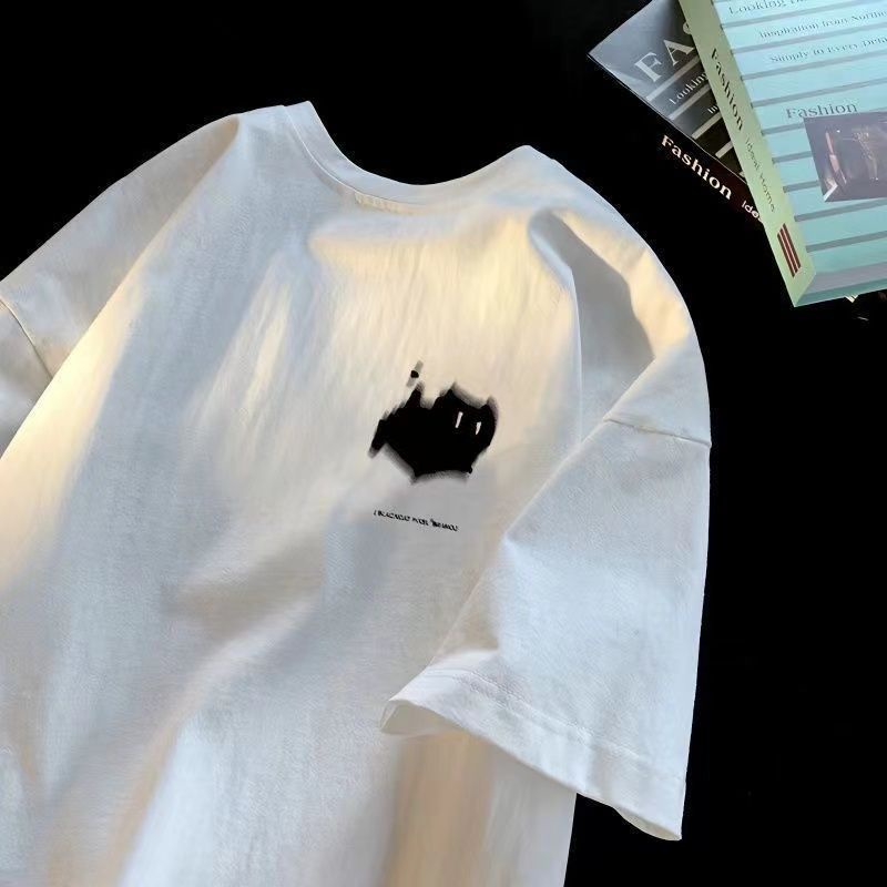 Fast Shipping 100% Cotton t-Shirt Hong Kong Style American Style Street Wear Short-Sleeved Mens Top Clothes Summer Loose Street All-Match Korean Version Half