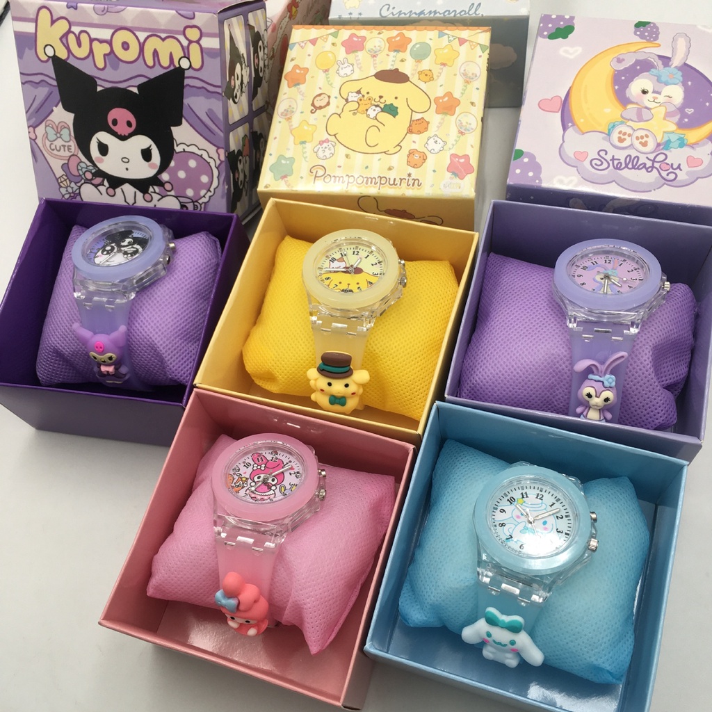 Sanrio Melody Kuromi Cinnamoroll Pom Pom Purin Stella Lou Cartoon Childrens Watch With 7Colorful Flashlight Nightlight