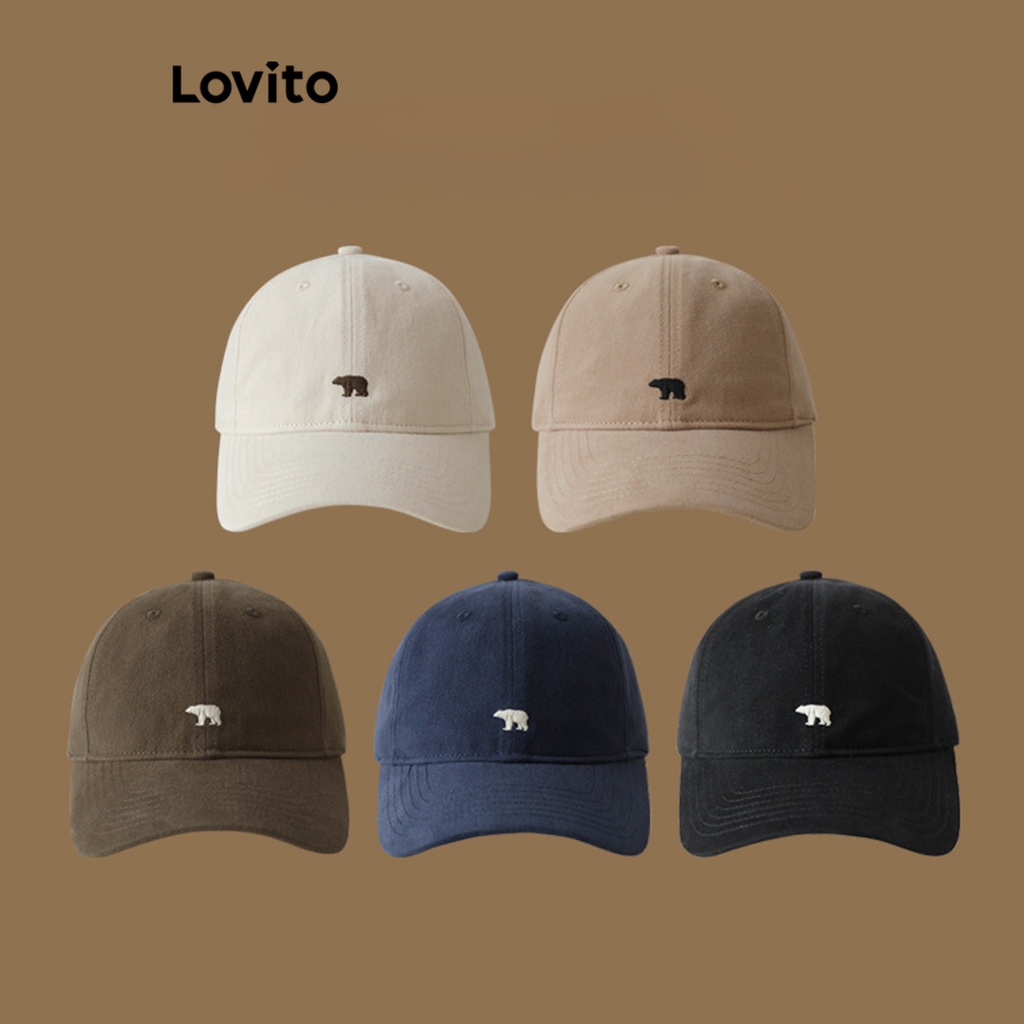 Lovito Sporty Plain Embroidery Pattern Cupola Bent Brim Polar Bear Hat for Women LFA08409 Army Green/Khaki/Off White/Navy Blue