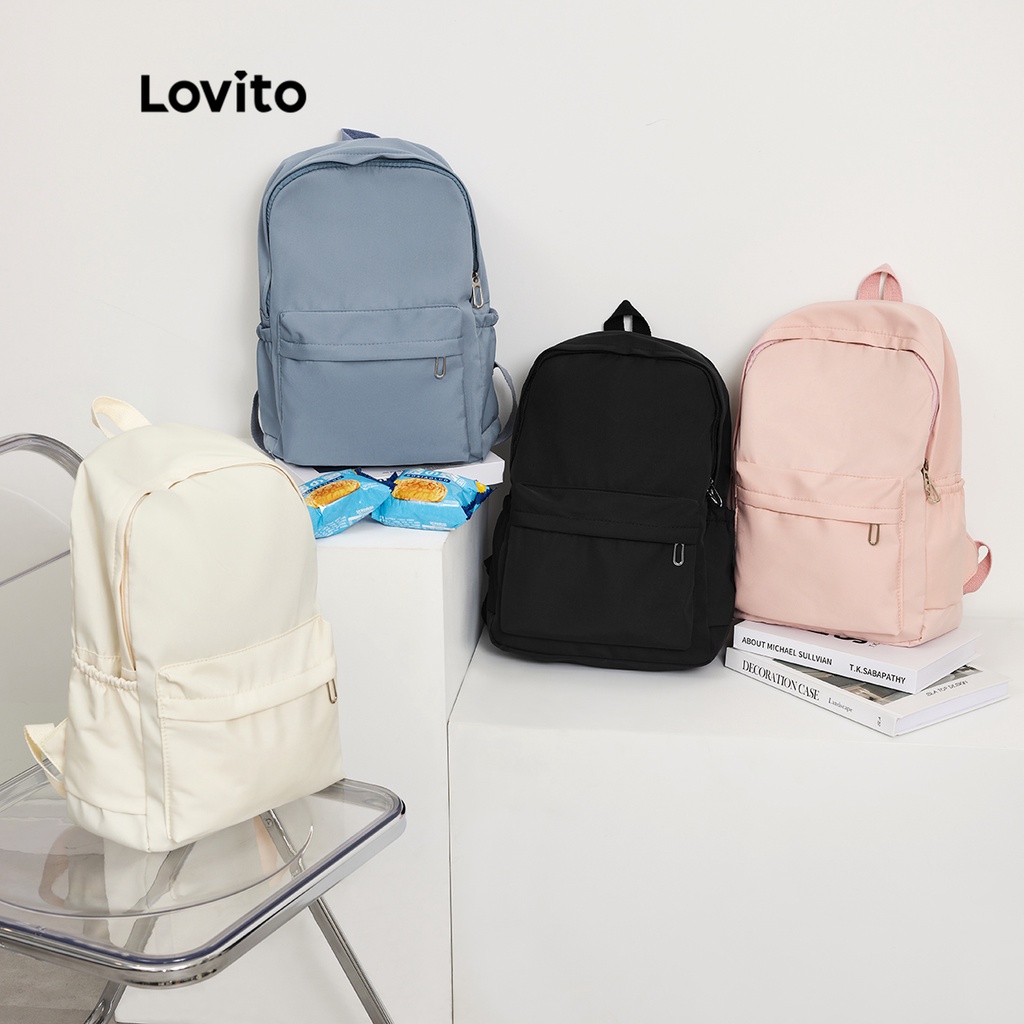 Lovito Preppy Plain Colorblock Double Shoulder Strap Multi-pocketed Backpacks L41BA05 White/Pink/Blue/Black