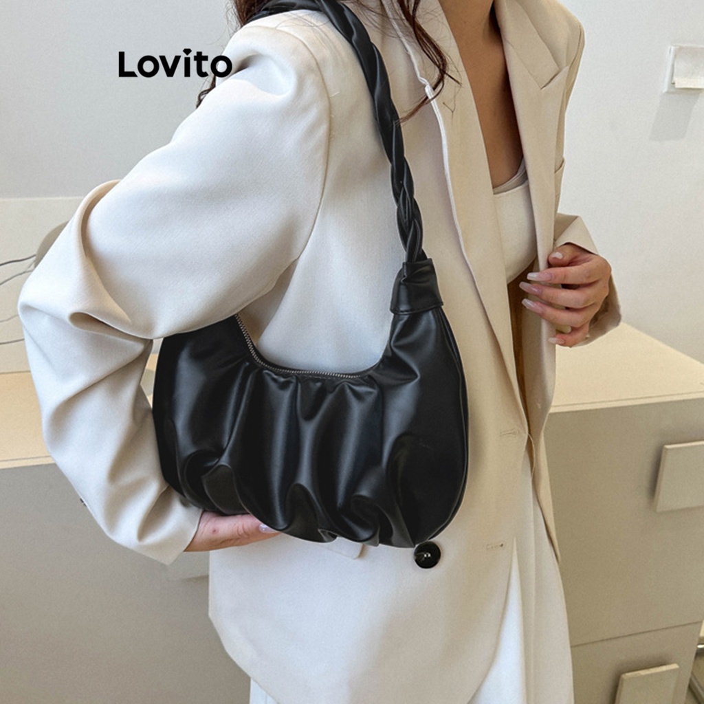 Lovito Casual Plain Plicated Bag for Women L66AD043 White/Black