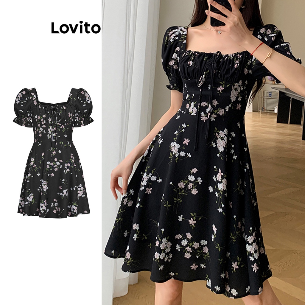 Lovito Casual Ditsy Floral Lace Up Dress for Women L68ED190 Black