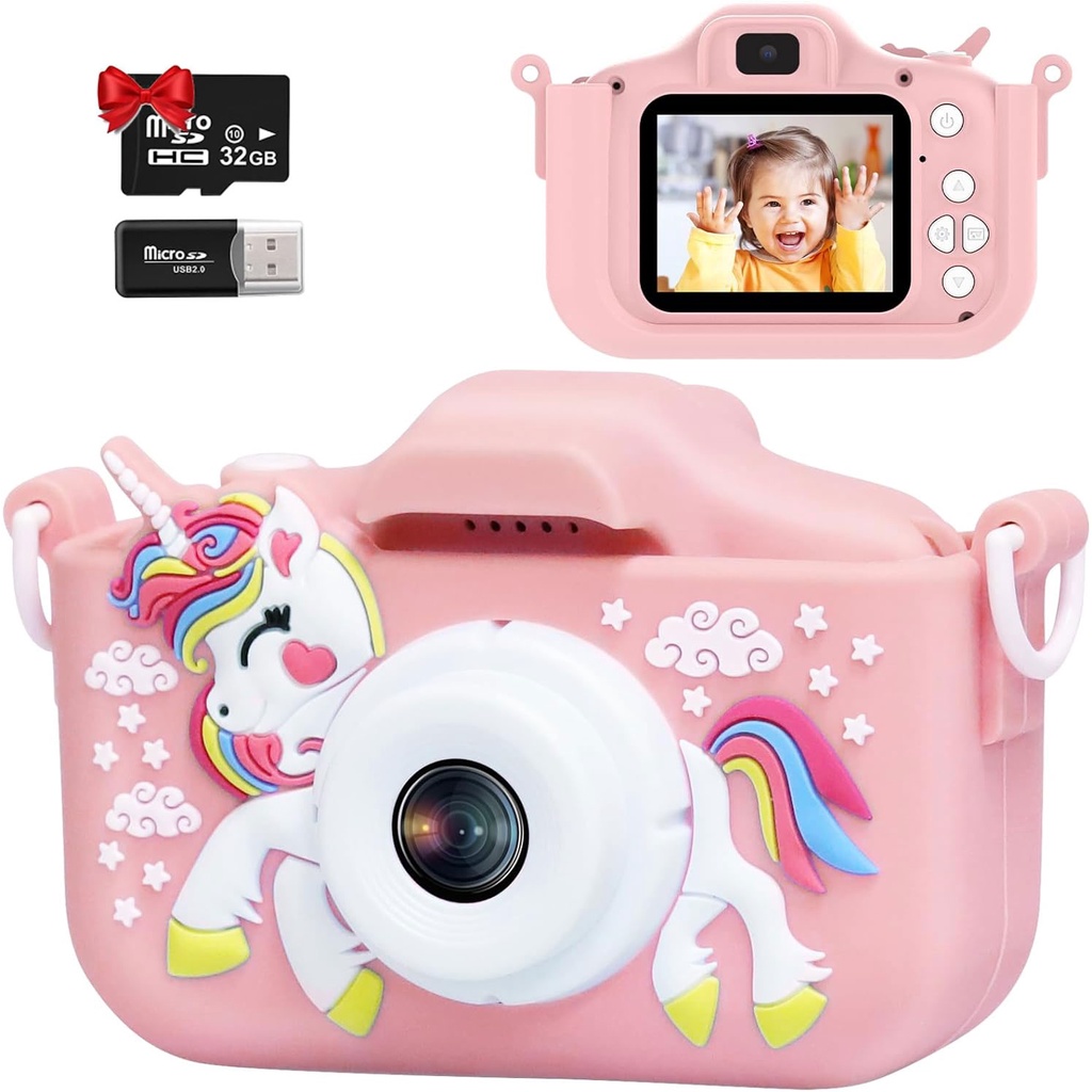 Kids Camera, 1080P Kids Digital Camera with 32GB TF Card,Unicorn Camera Cover/HD Video /5 Educational Games/8x Zoom/46 Photo Frames & Filters,Gifts for Boys Girls Age 3-8 Pink
