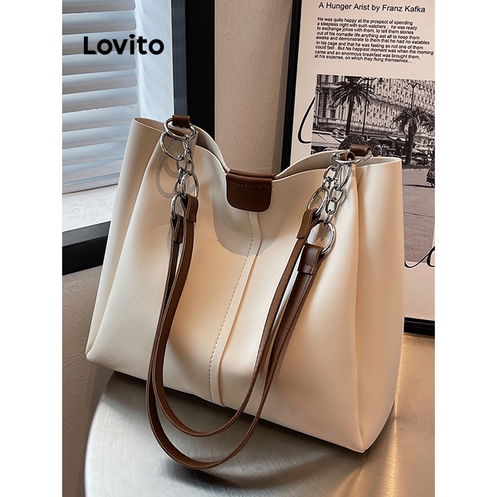 Lovito Casual Plain High Capacity Commuting Textured Shoulder Tote Bag for Women LFA04285 Brown/Off White/Black