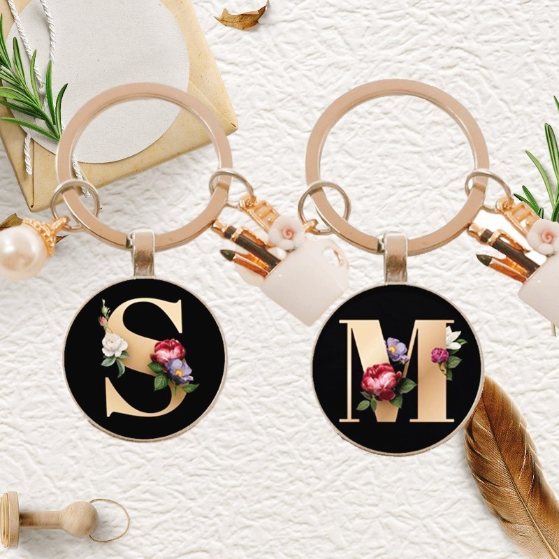 Fashion Charm Enamel Pen Holder for Teachers Day Gifts Elegant Pearl A-Z Letter Pattern Glass Cabochon Key Ring