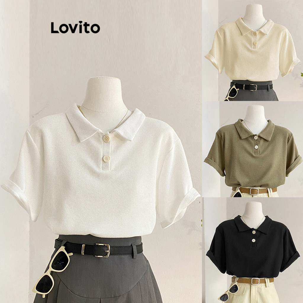 Lovito Casual Plain -Waffle Knit -Polo T-Shirt for Women L68ED039 Multi-color
