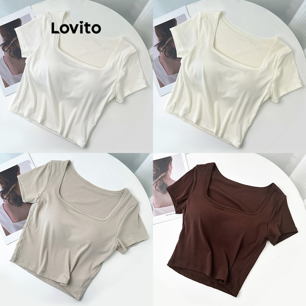 Lovito Casual Plain Basic T-Shirt for Women LNE24089 Multi-color
