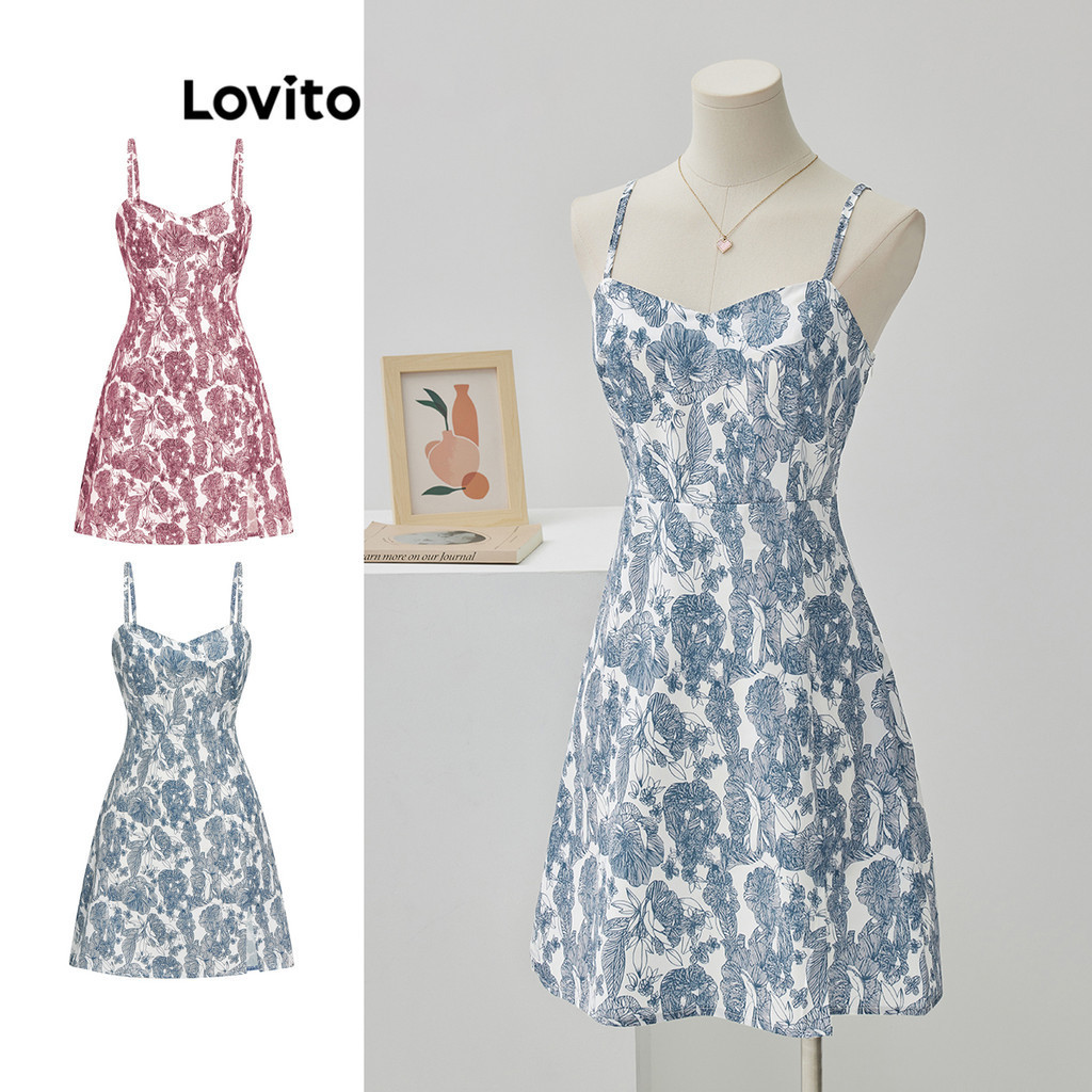 Lovito Boho Ditsy Floral Split Dress for Women L68ED195 Blue