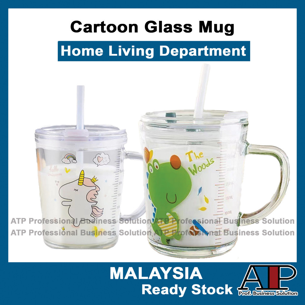 Mug? 400ml Childrens Breakfast Glass Mug With Straw Scale Cartoon Animal Unicorn Milk cup with Handle Glass Bottle
