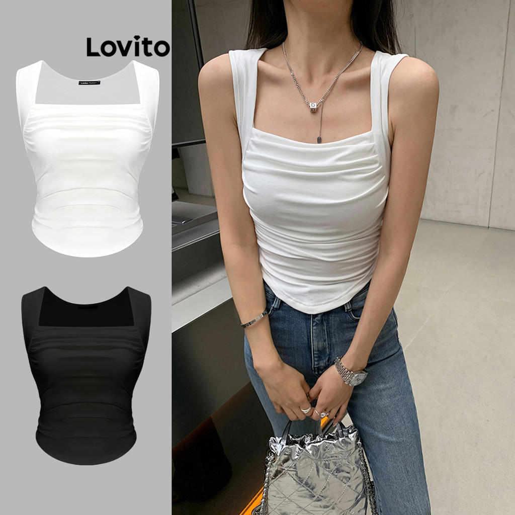 Lovito Casual Plain Ruched Hanky Hem Tank Top for Women L62ED045 White/Black