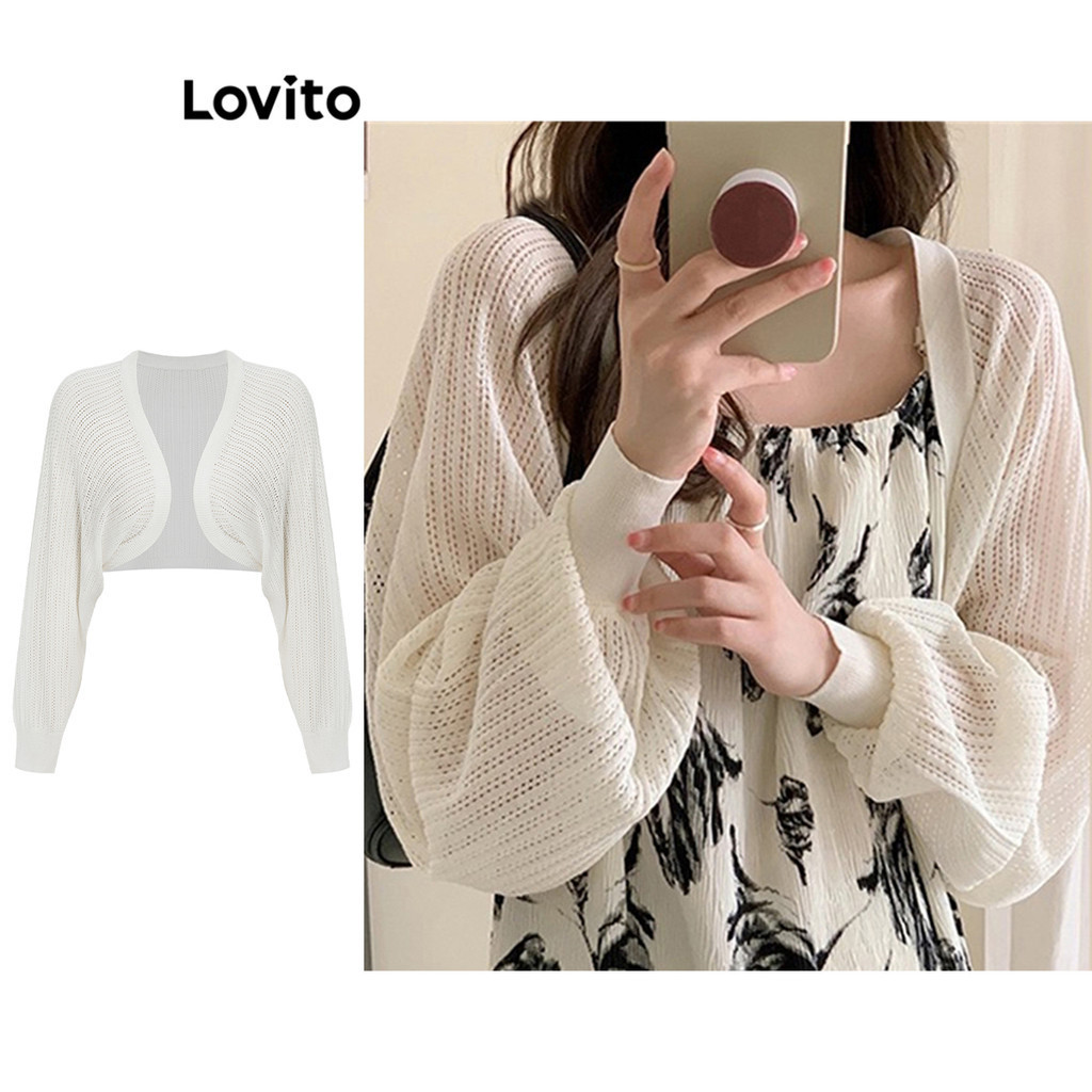 Lovito Casual Plain Cardigans for Women L64AD102 White/Black