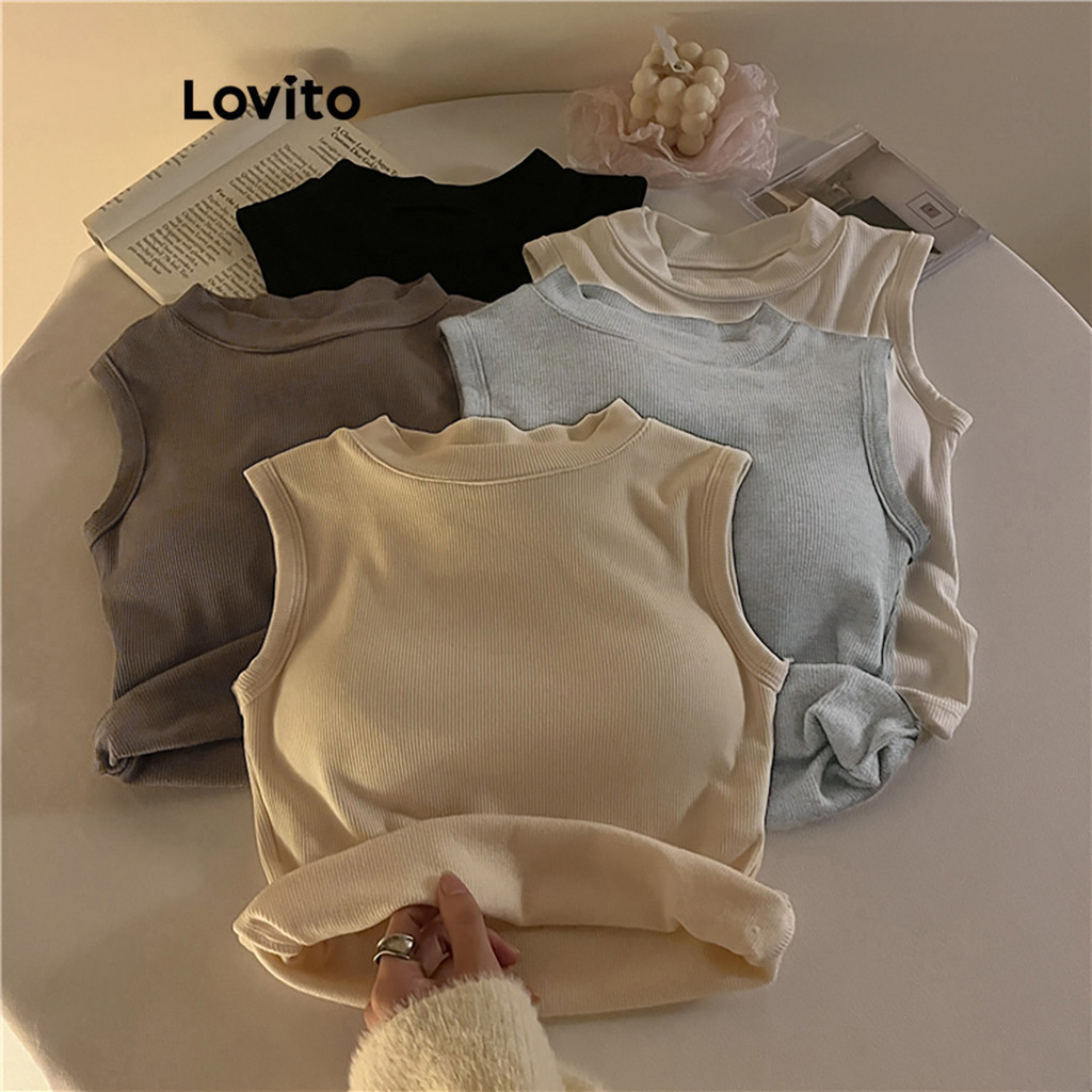 Lovito Casual Plain Round Neck Tank Top for Women LNE34039 Brown/Dark Grey/White/Black