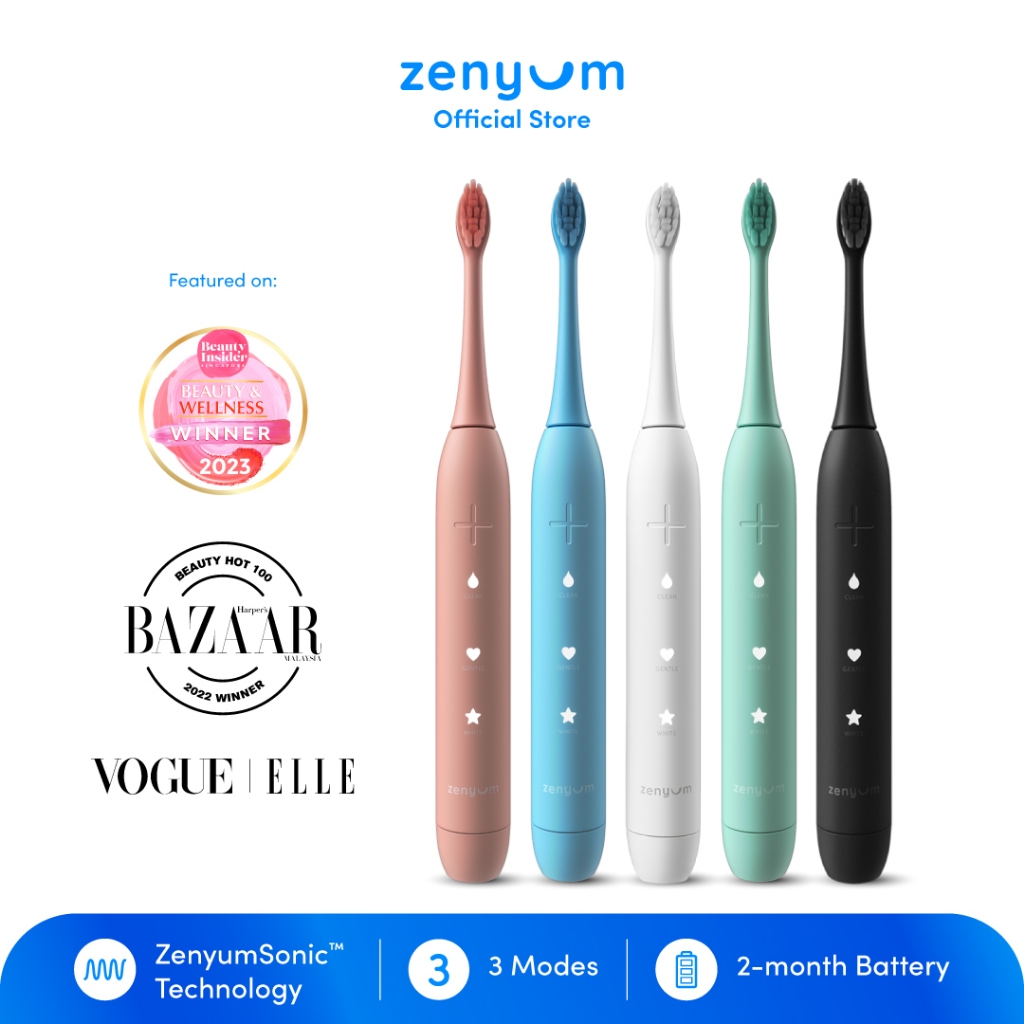 Zenyum Sonic Electric Toothbrush -  Black/White/Pink/Blue/Green Designed in Singapore/Sonic Vibrations/1 Year Warranty