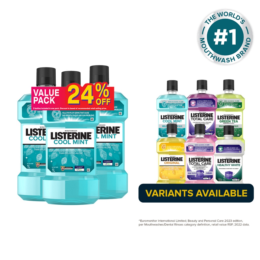 [Bundle of 3] Listerine 1L Mouthwash Value Pack Cool Mint/Cool Mint Zero/Total Care Zero/Original/Green Tea/Healthy Whi