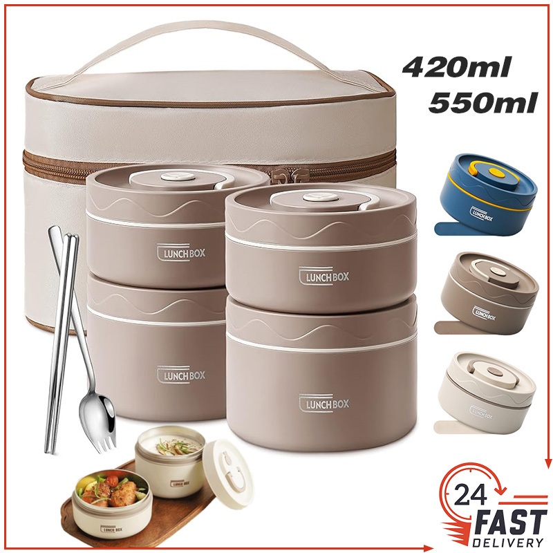 SG Stock✅Microwaveable 304 Stainless Steel Lunch Box Round Insulated Food Storage Box Sealed Thermos Food Container