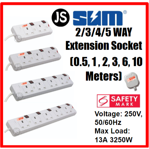 SUM 2/3/4/5 WAY Extension Socket 0.5, 1, 2, 3, 6, 10 Meters With Singapore Safety Mark