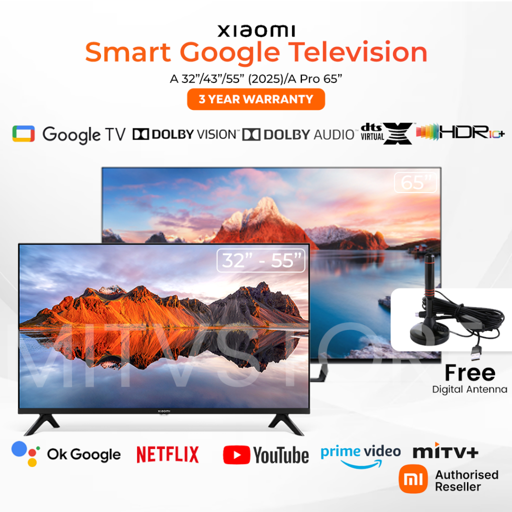 Xiaomi A/A Pro 32/43/55/65 Smart Google TV with Google Playstore Netflix Youtube Built in MITV+