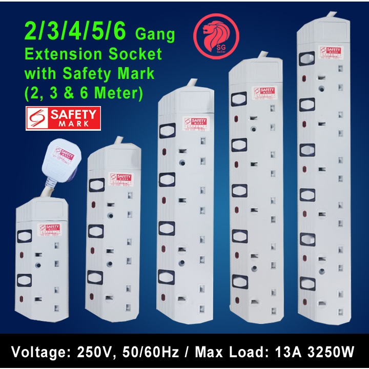 2/3/4/5/6 Gang Extension Socket with Singapore Safety Mark 2, 3 & 6 Meters
