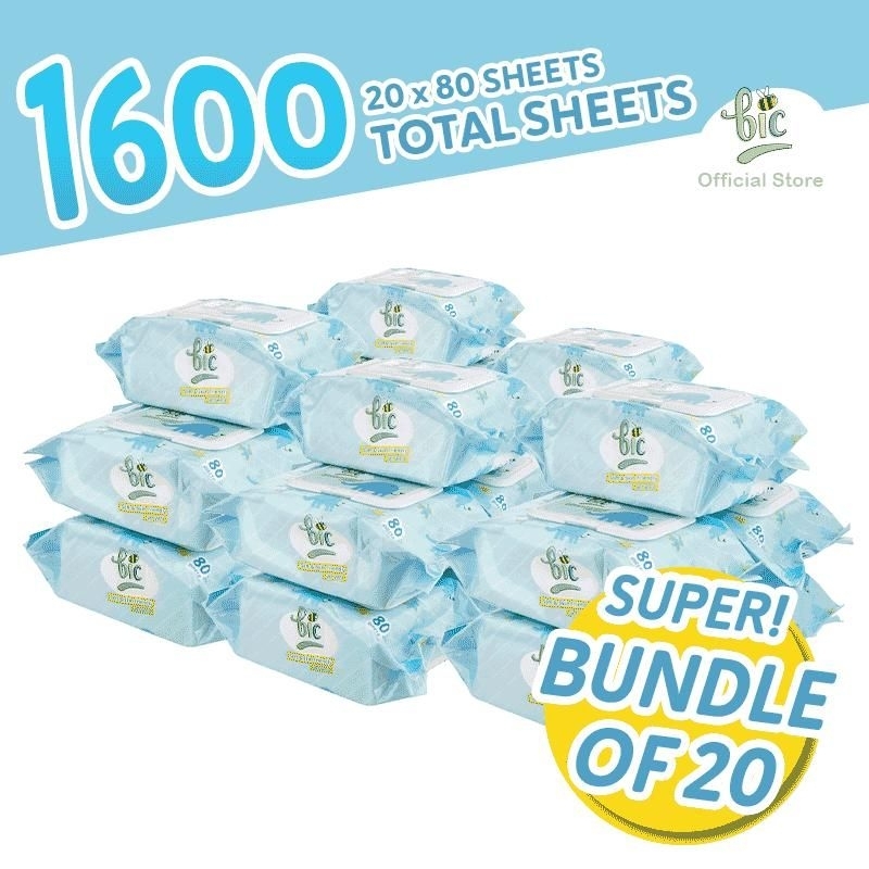 BIC BABY WET WIPES Soft, Baby & Pet Friendly 20 Cap Packets x 80 Sheets Each
