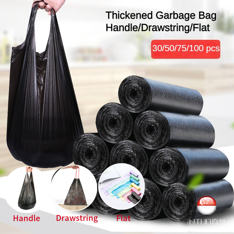 SG Ready Stock Garbage Bag Handle/Drawstring/Flat Rubbish Bag Thick Disposable Plastic Trash Bags