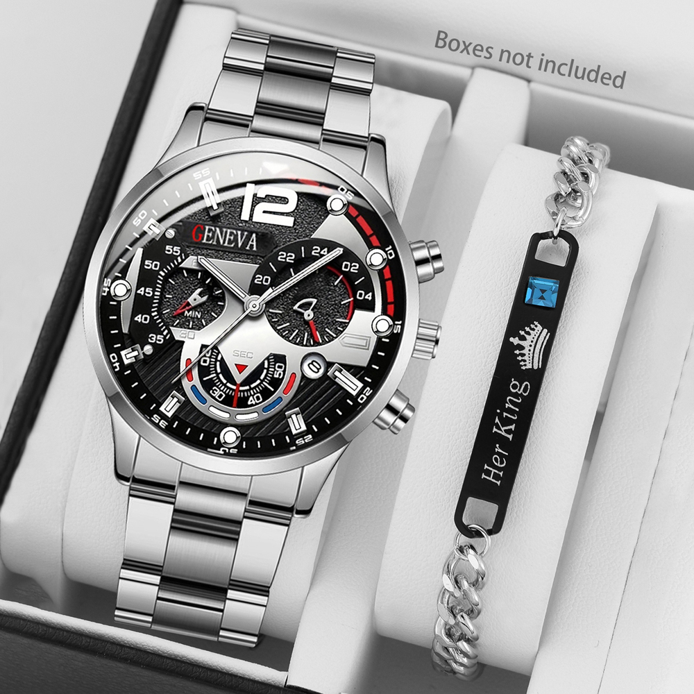 2 Pcs Business Mens Watch Fashion Stainless Steel with Quartz Watch Pointer Calendar Mens Watch Bracelet
