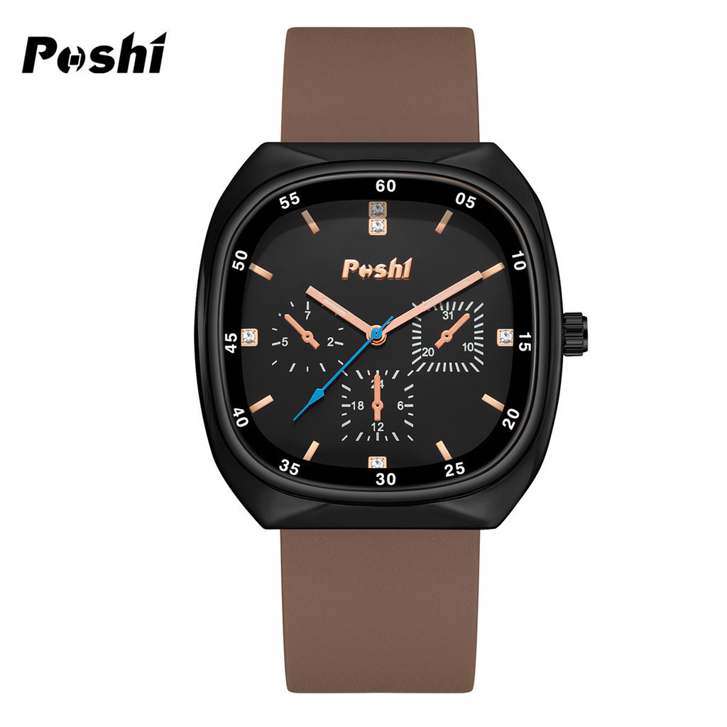 Poshi Waterproof Fashion Korean Quartz Womens Watch Square Dial Genuine Silicone Strap Elegant Watch
