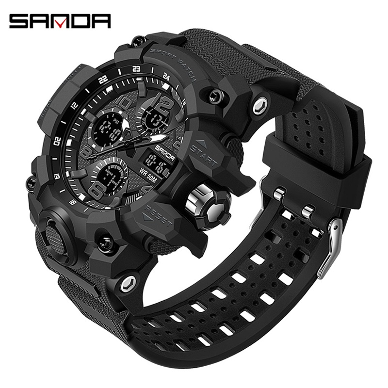 SANDA Sports Military Mens Watches Waterproof Dual Display Quartz Wristwatch for Male Clock Stopwatch	