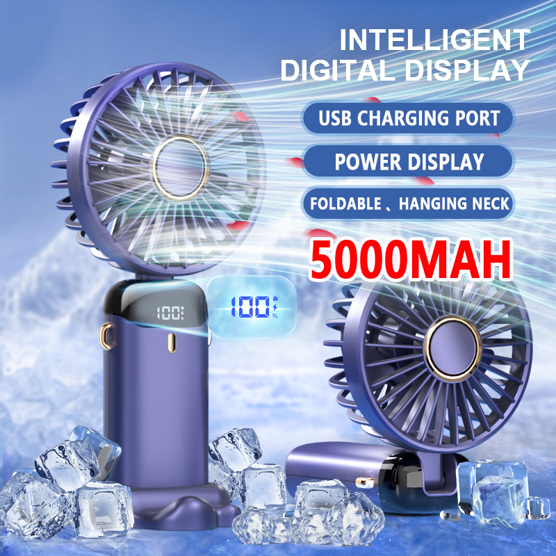 5 Modes handheld fan mini portable foldable small fan digital display office student small fan gift USB charging 5000mA battery1pcs