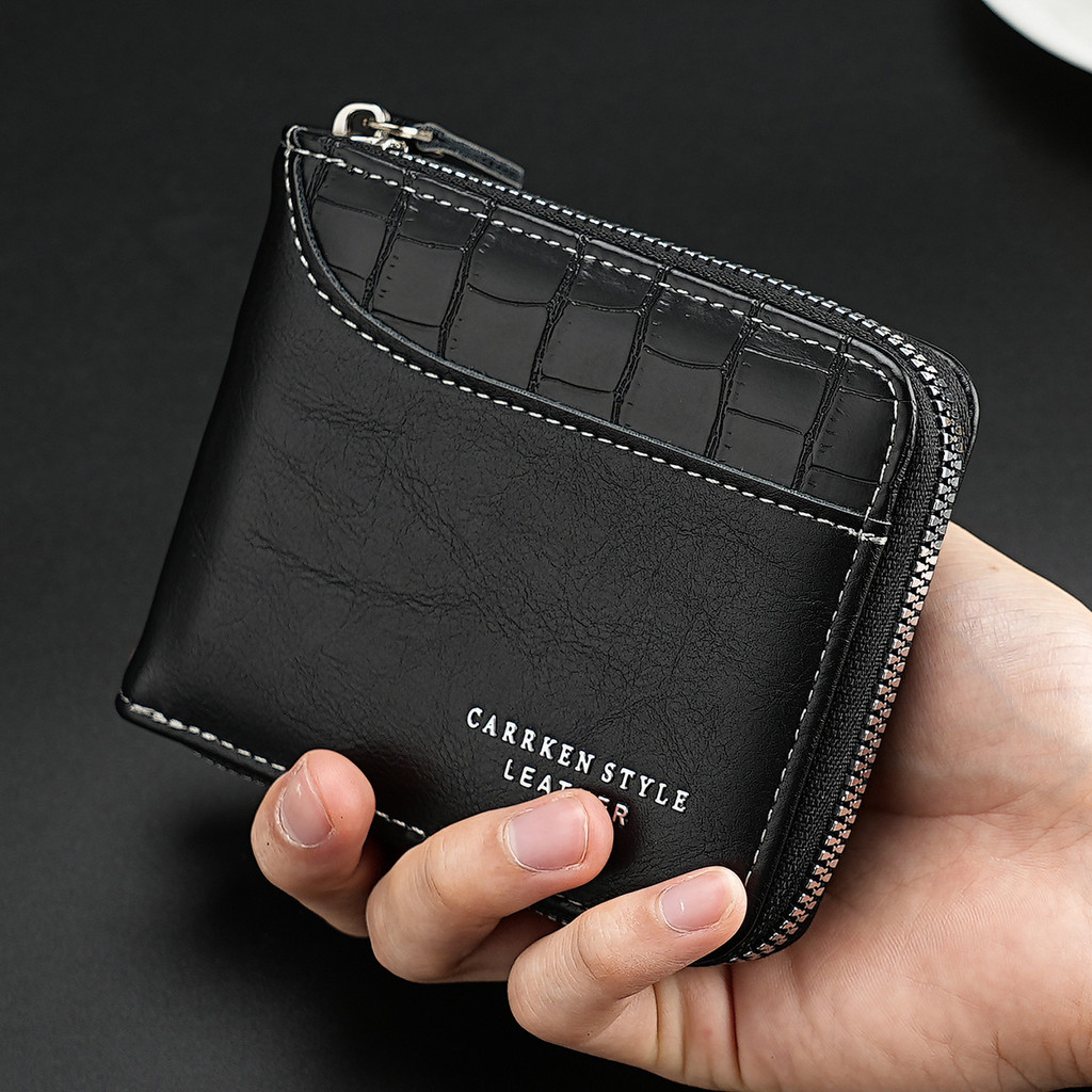 1 Retro Stitching Stone Pattern Zipper Short Wallet Youth Fashion Multifunctional Wallet Bi-Fold Credit Card Coin Purse Mens Gift